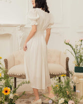 Organza midi dress with ruched sweetheart neckline and puff sleeves for romantic styling